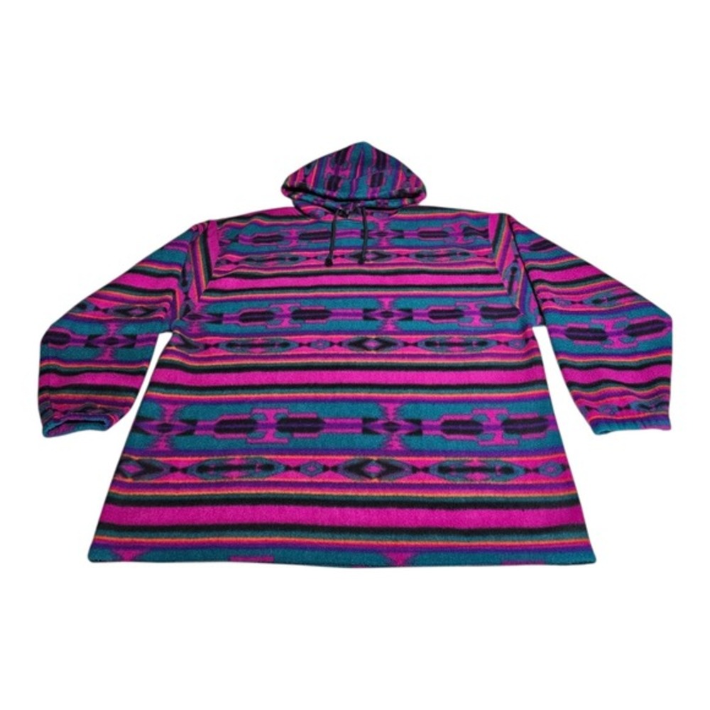 Vintage 90s Aztec Fleece Hoodie Mens XL‎ Colorful Hippie Southwestern Fluid